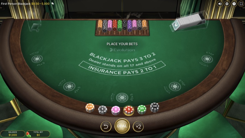 First Person Blackjack table by Evolution: blackjack pays 3 to 2, dealer stands on all 17