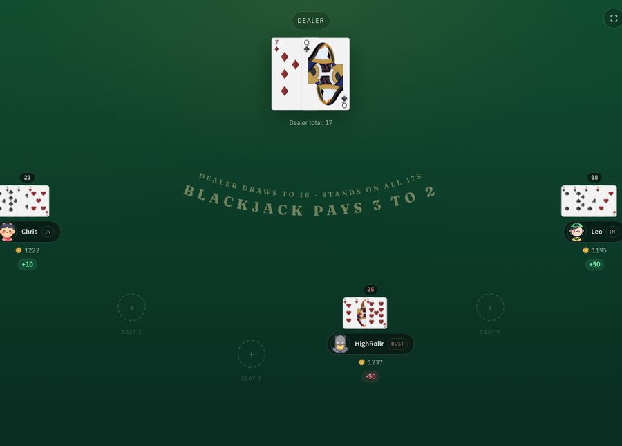 The shared multiplayer blackjack table with three players seated