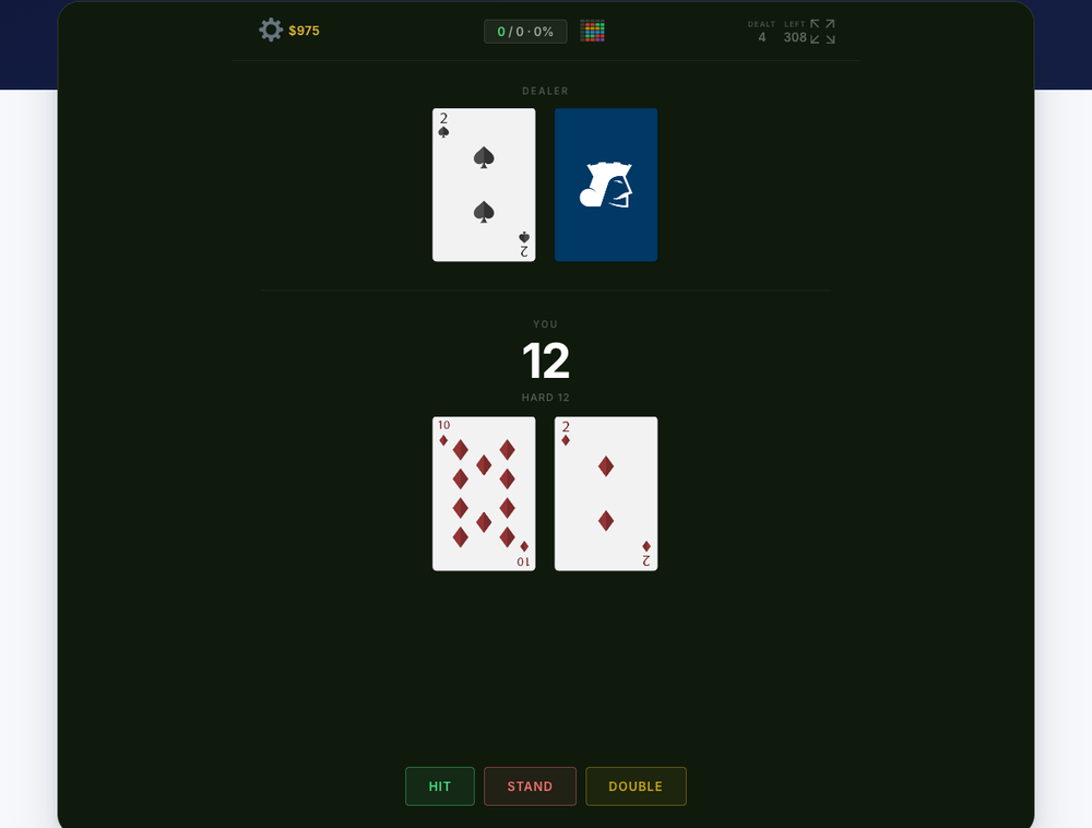 The interactive BlackjackInfo Strategy Trainer coaching a live hand of blackjack