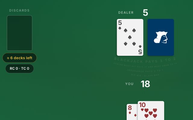The Card Counting Trainer showing the running count and true count beside the discard tray