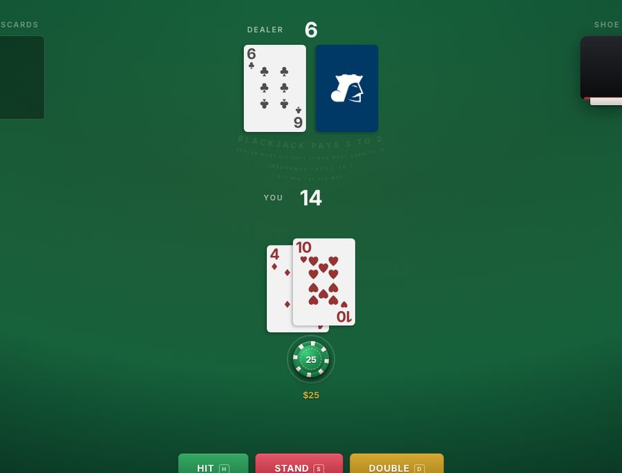 The Blackjack Strategy Trainer dealing a hand of 14 against a dealer 6