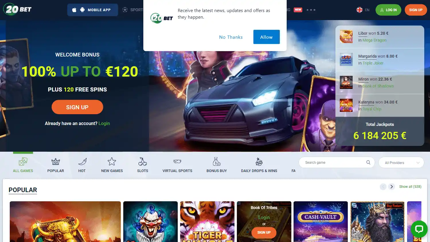 20Bet Casino homepage on desktop