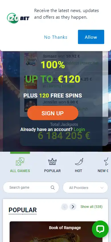 20Bet Casino homepage on mobile