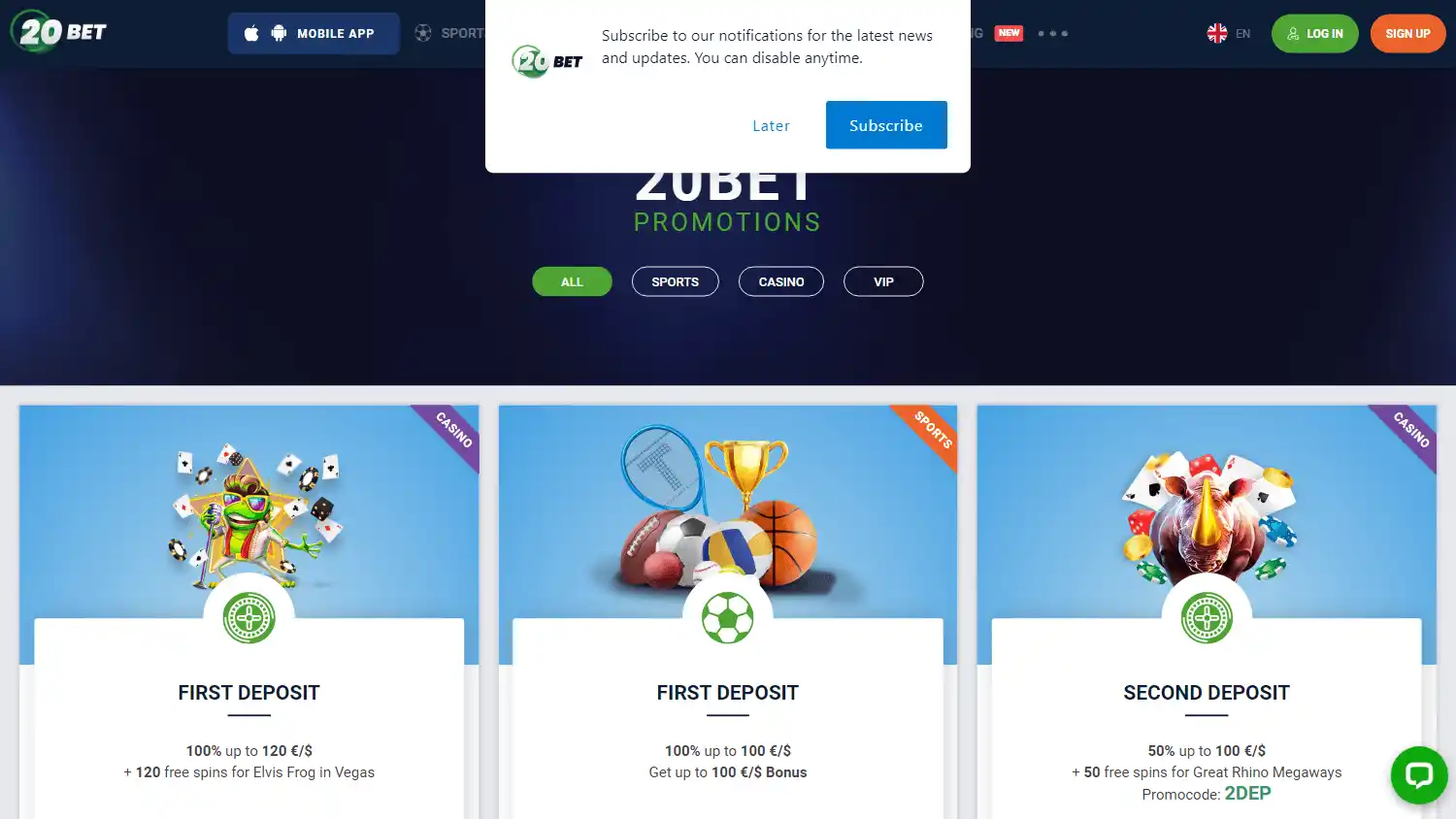20Bet Casino promotions page on desktop