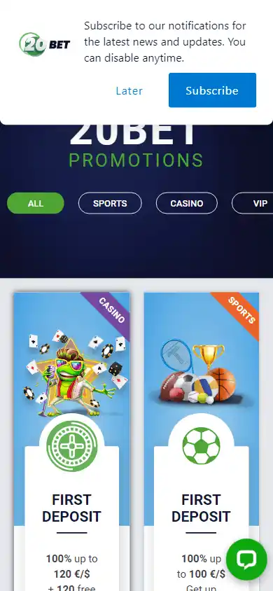 20Bet Casino promotions on mobile