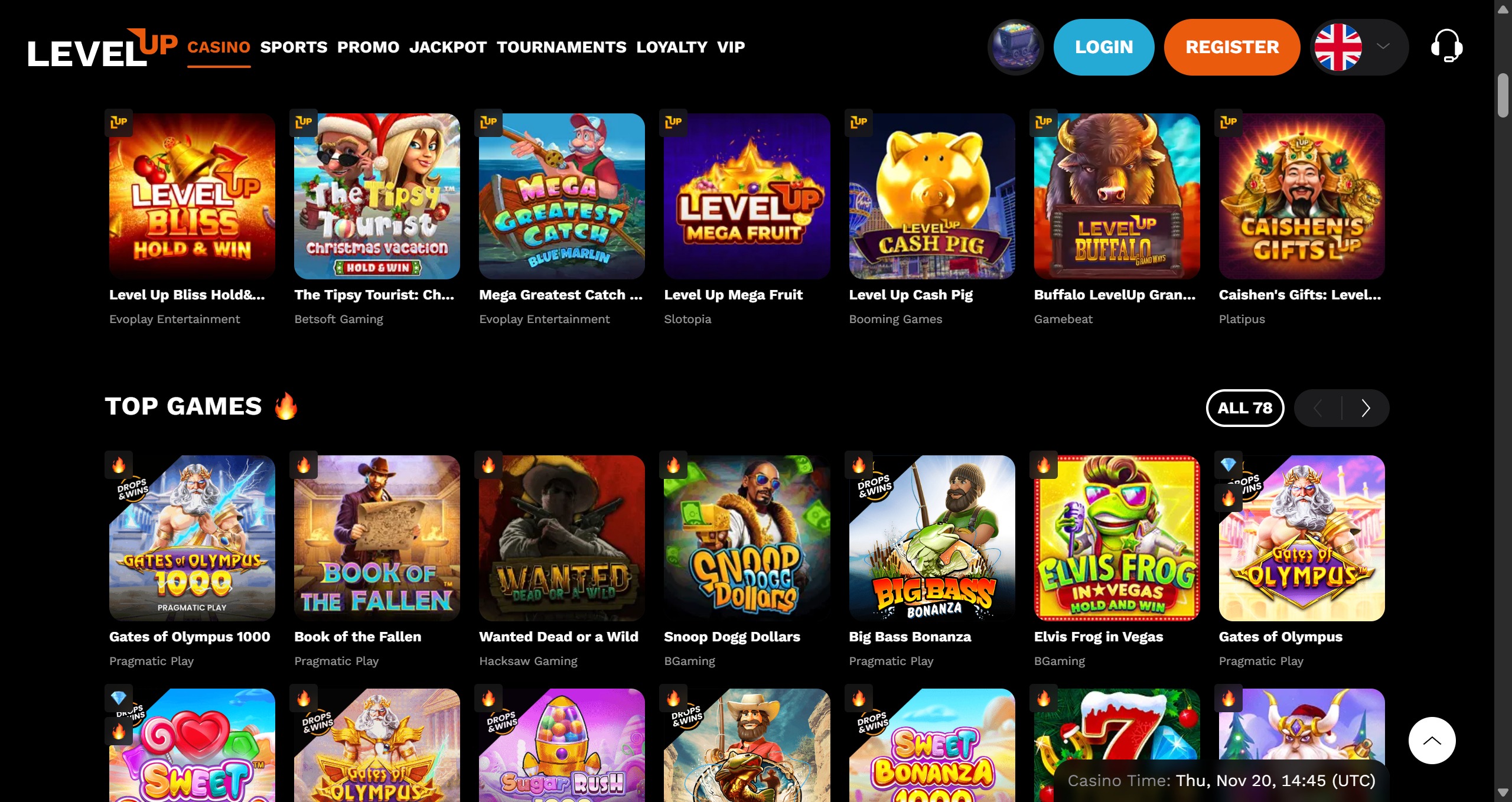 LevelUp Casino game lobby on desktop