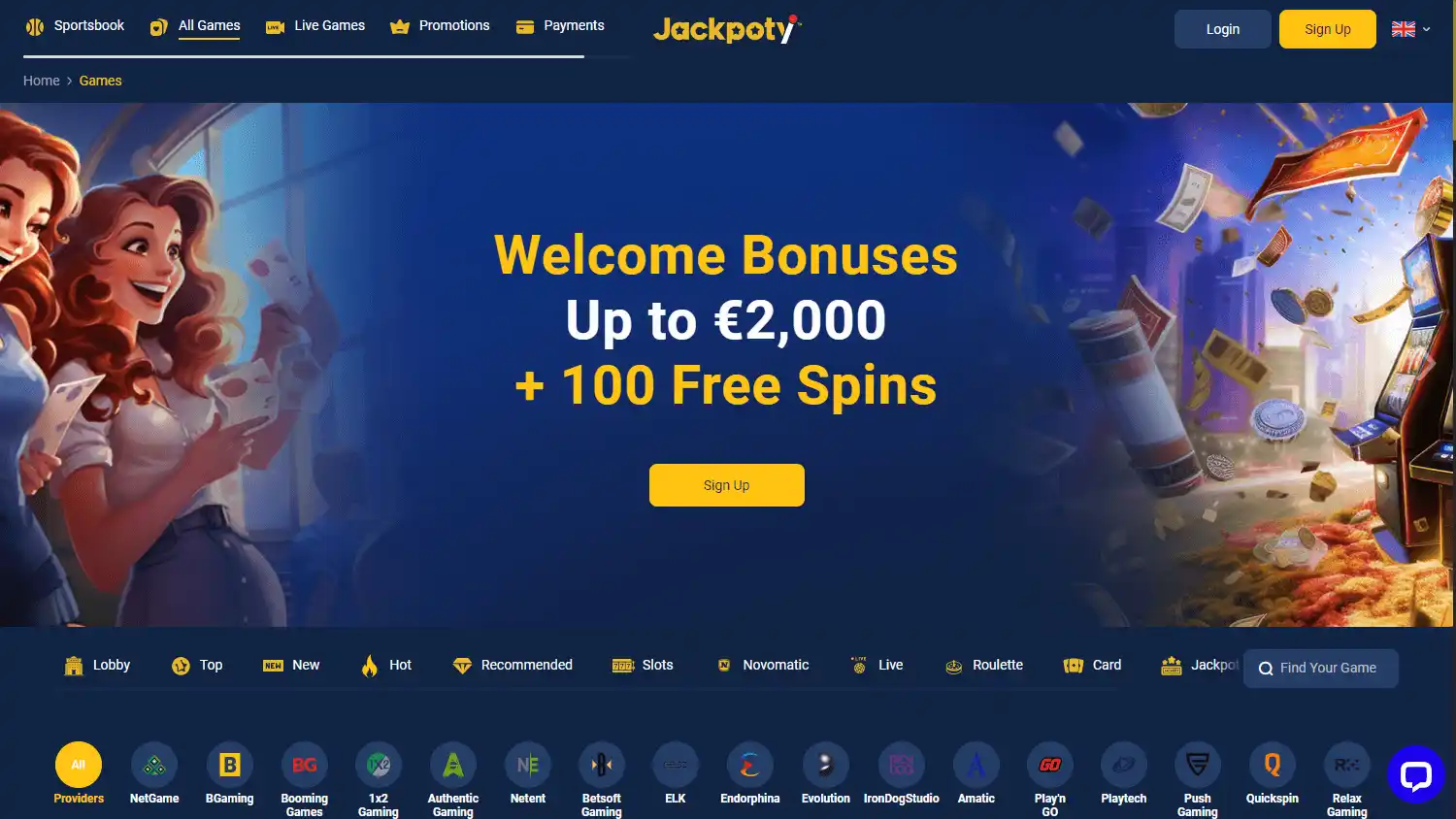 Jackpoty Casino game lobby on desktop