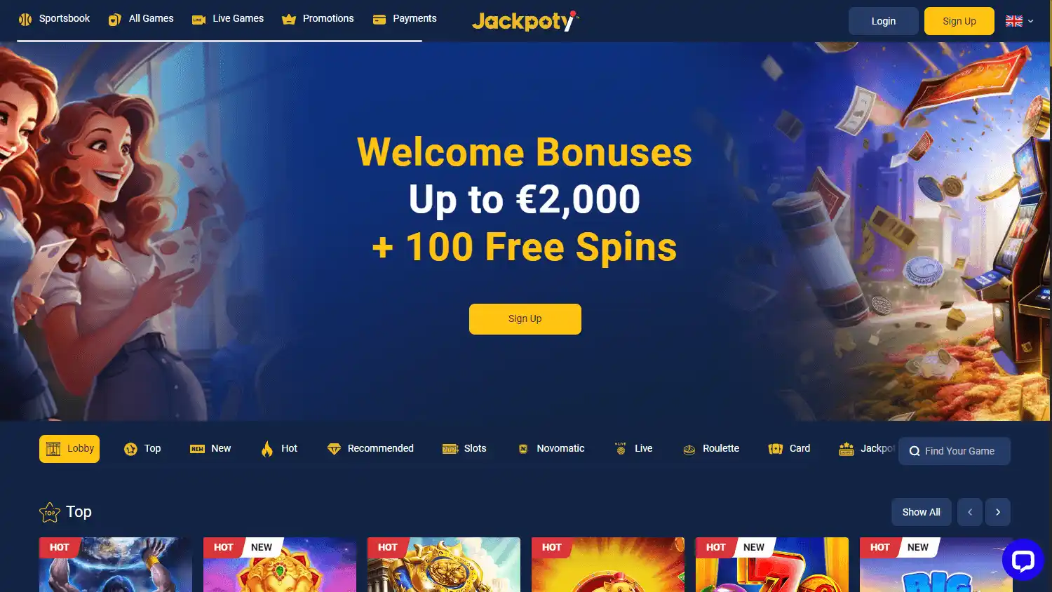 Jackpoty Casino homepage on desktop