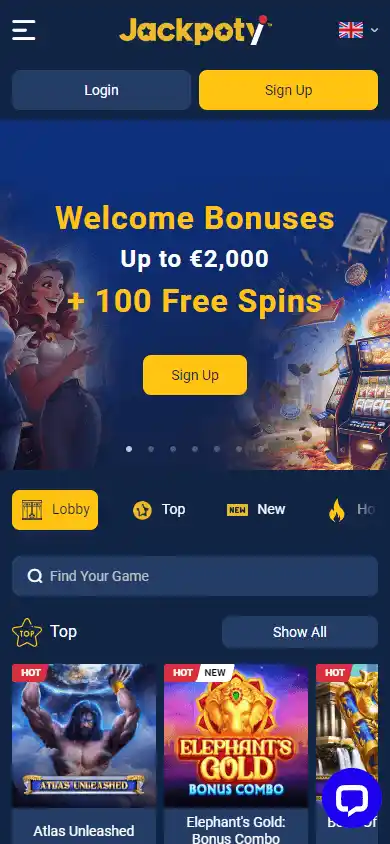 Jackpoty Casino homepage on mobile