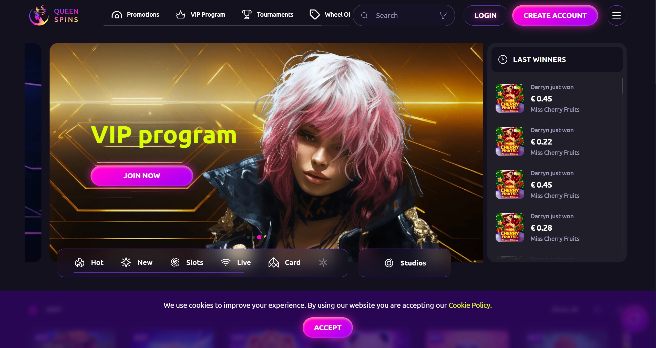 Queenspins Casino homepage on desktop