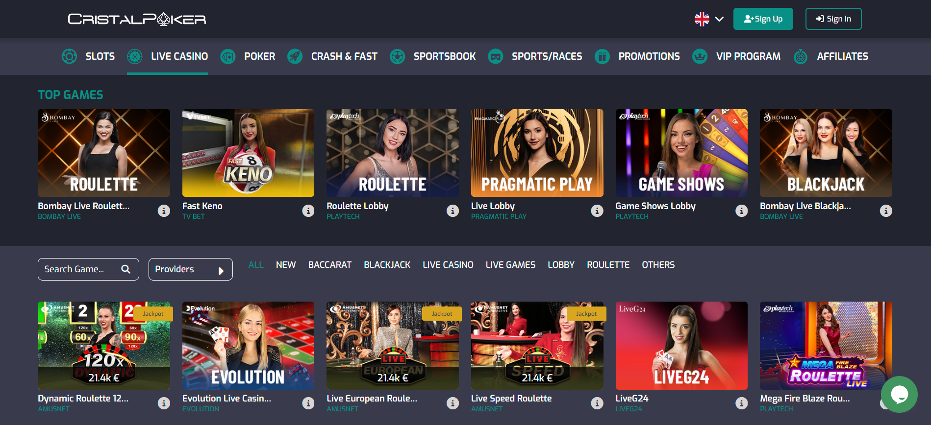CristalPoker live casino lobby