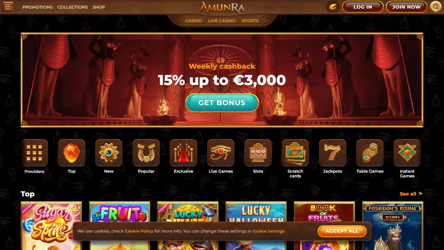 AmunRa Casino game lobby on desktop