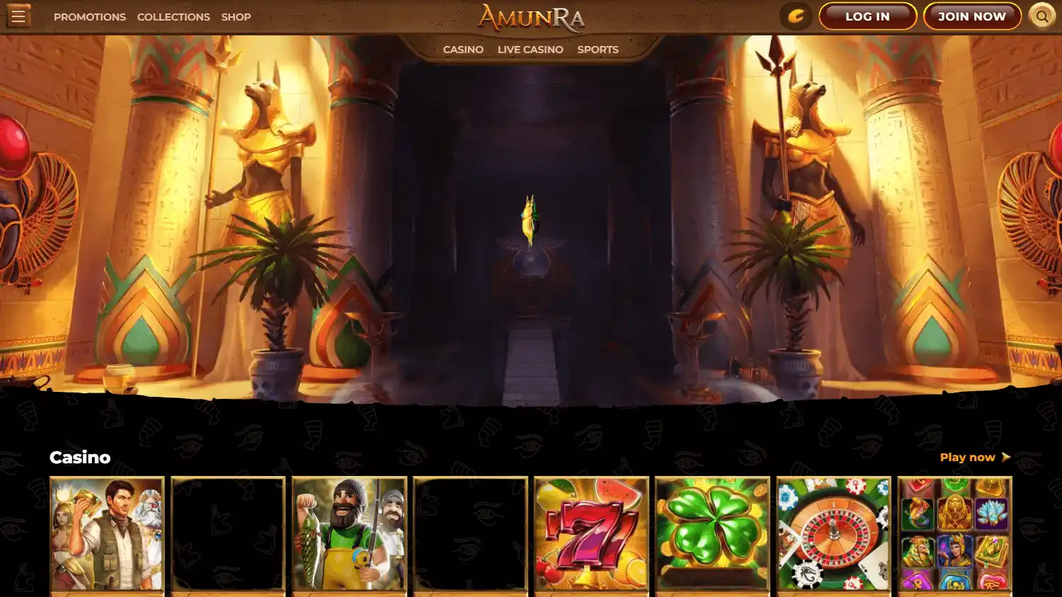 AmunRa Casino homepage on desktop
