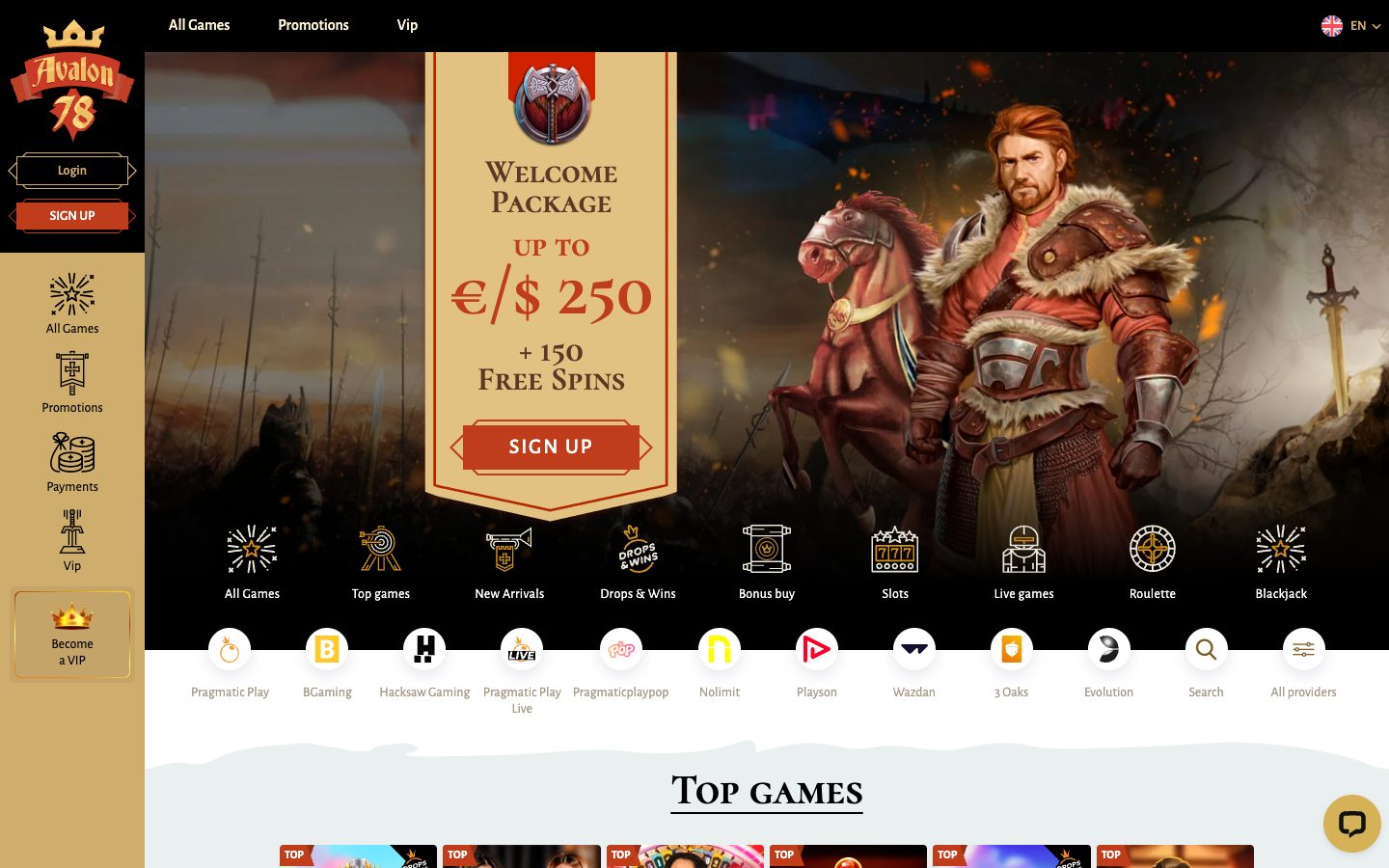 Avalon78 Casino homepage on desktop