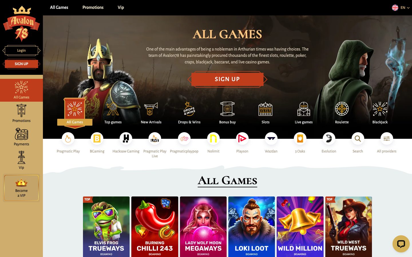 Avalon78 Casino game lobby