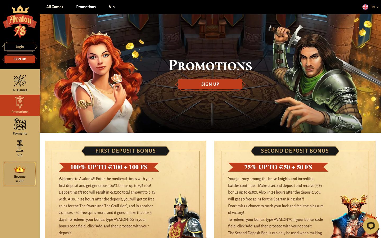 Avalon78 Casino promotions page