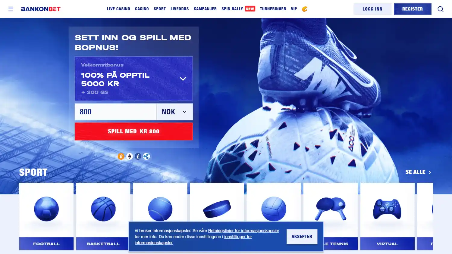 Bankonbet homepage on desktop, Norwegian version