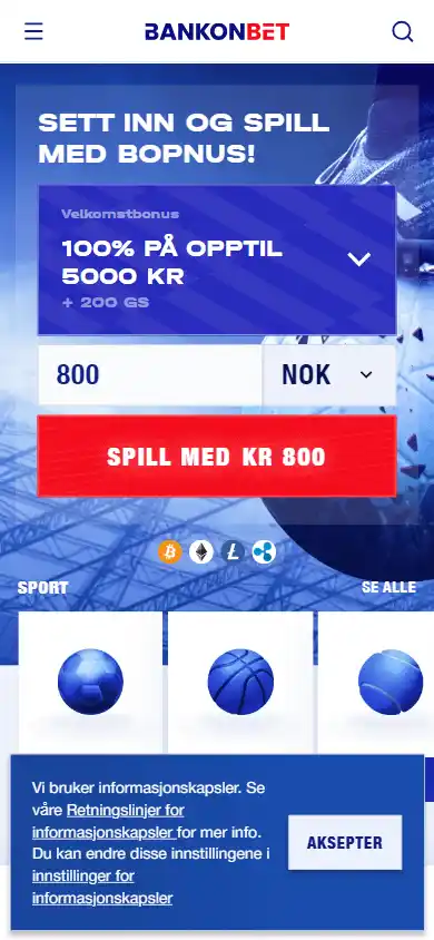Bankonbet homepage on mobile, Norwegian version