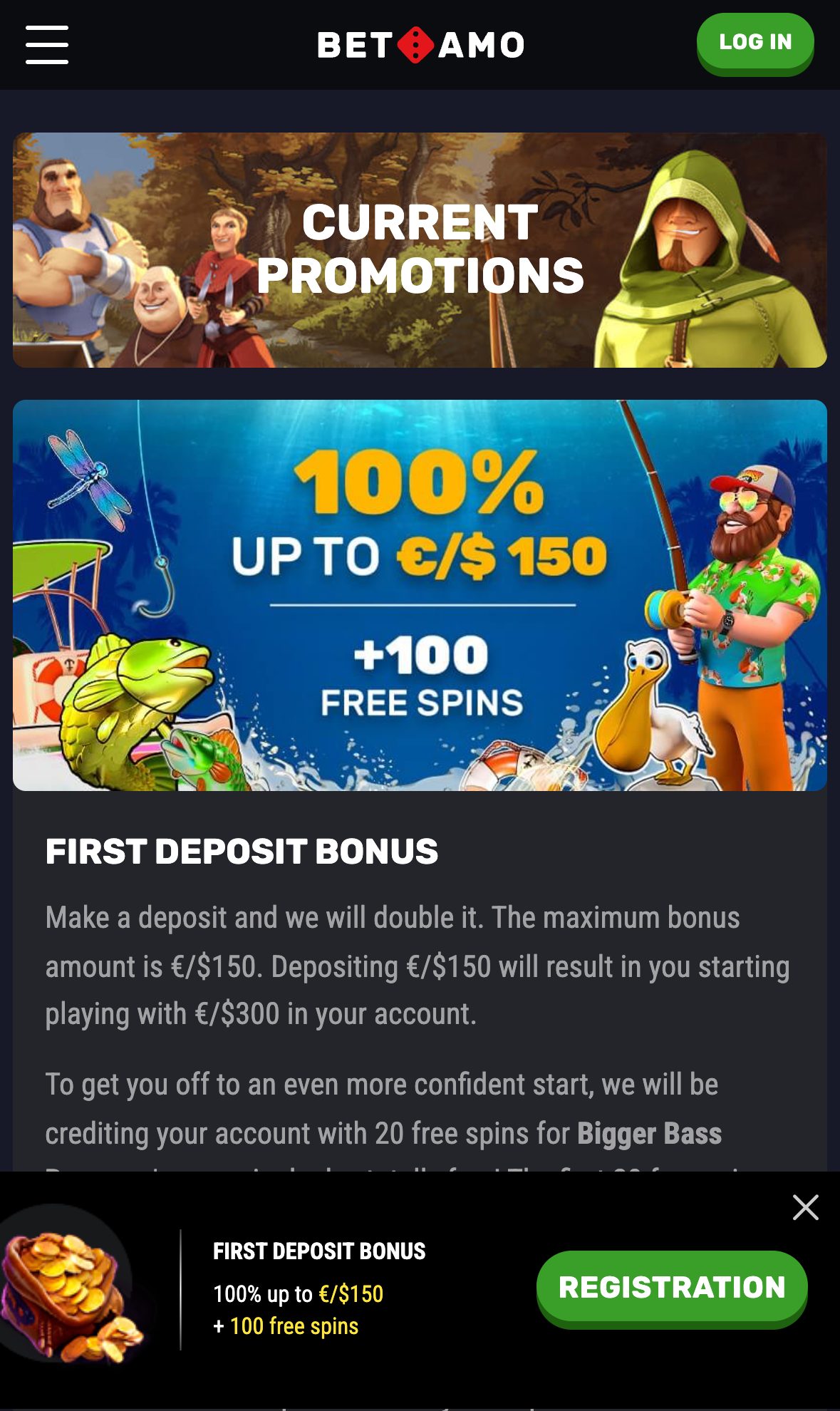 Betamo Casino promotions page on mobile