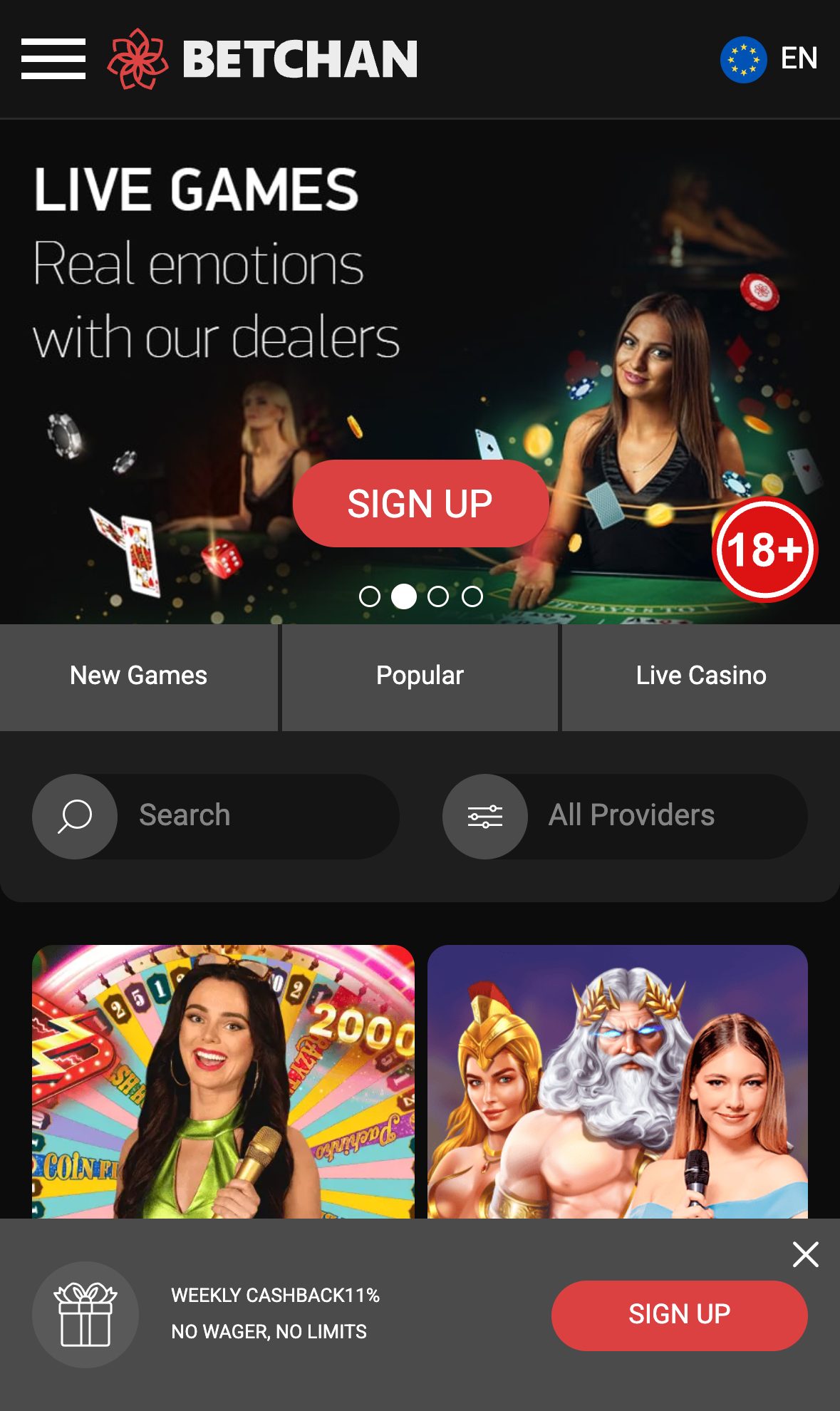 BetChan Casino homepage on mobile