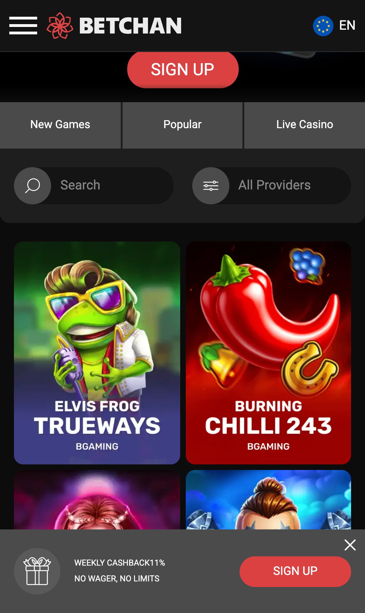 BetChan Casino game lobby on mobile