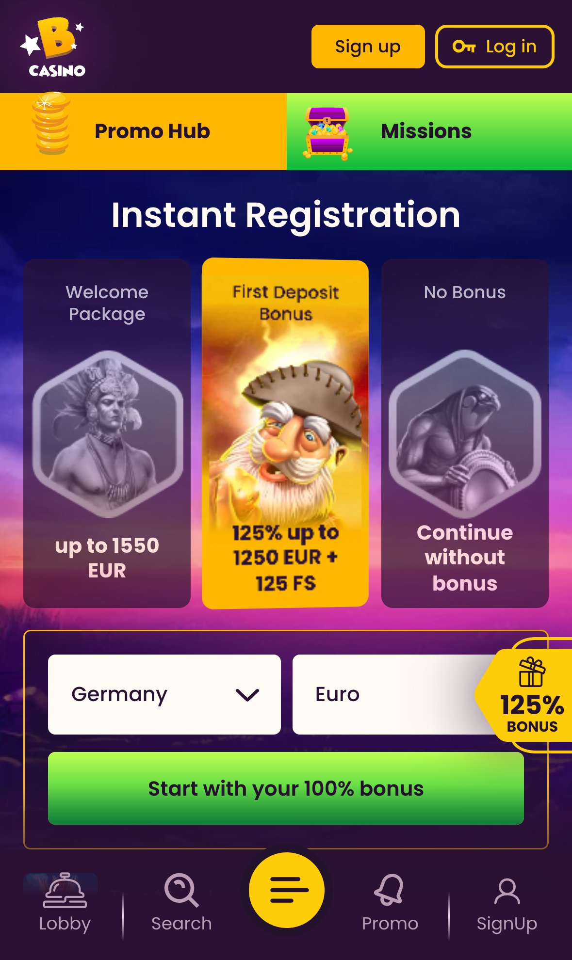 Bizzo Casino homepage on mobile