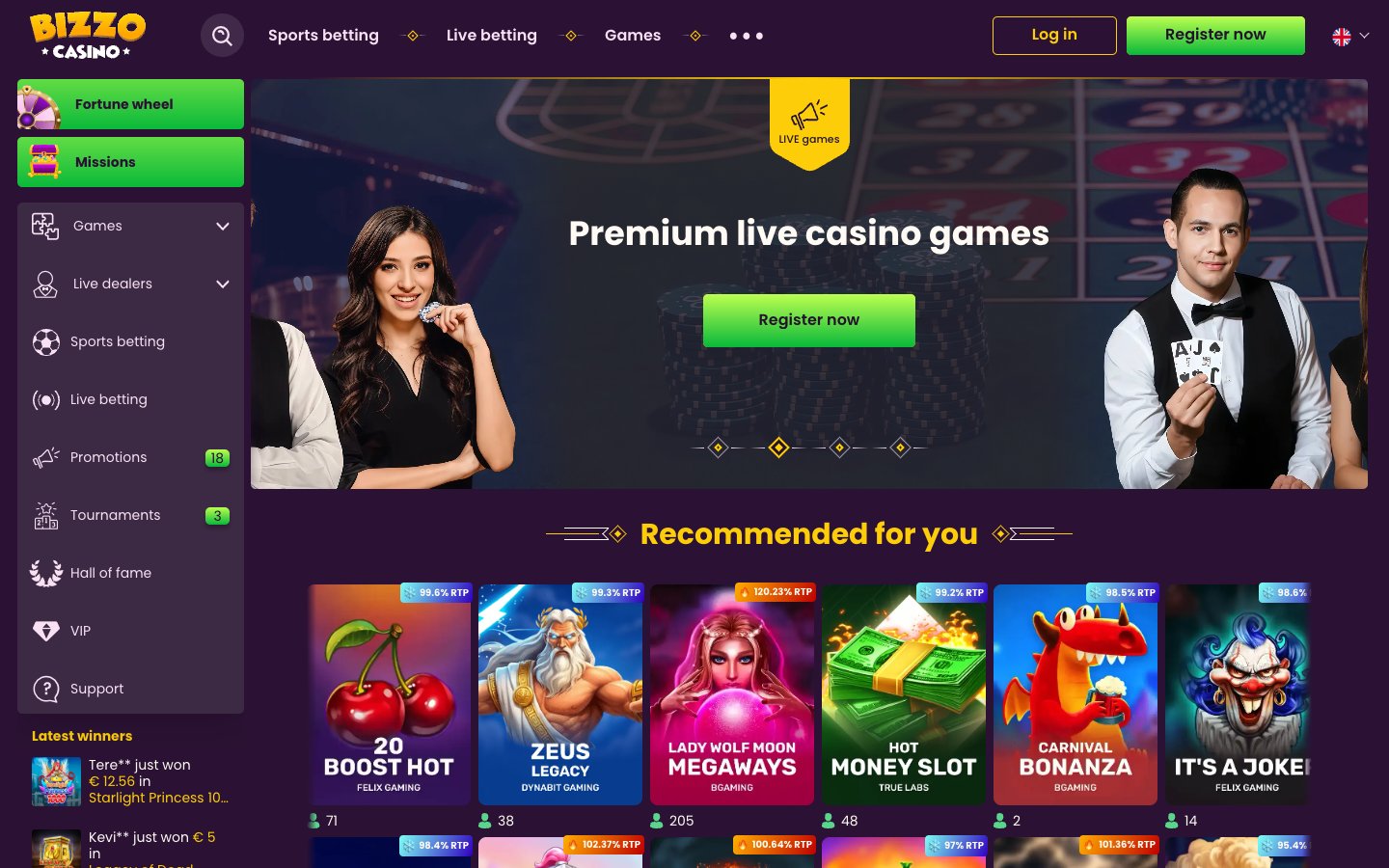 Bizzo Casino homepage