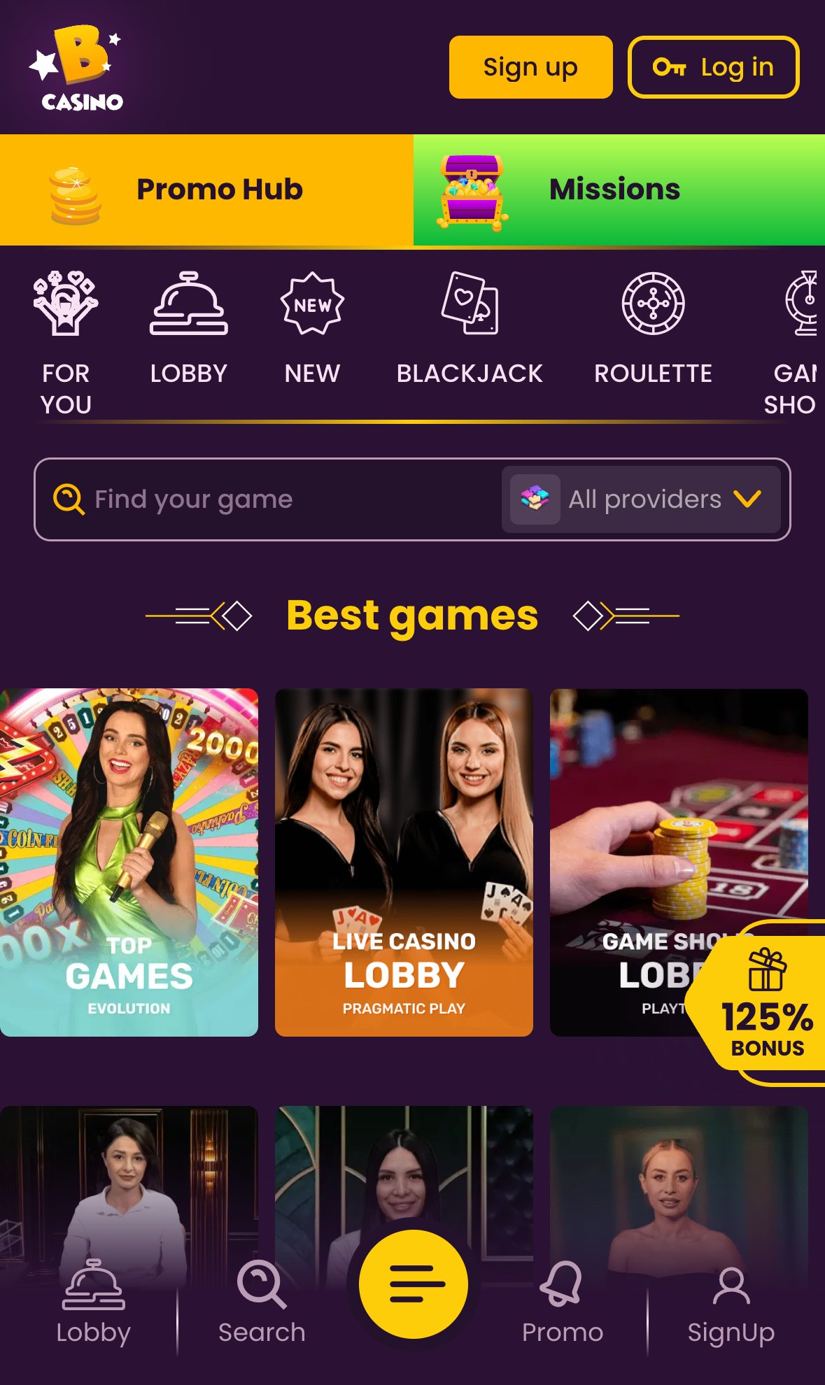 Bizzo Casino live casino lobby on mobile