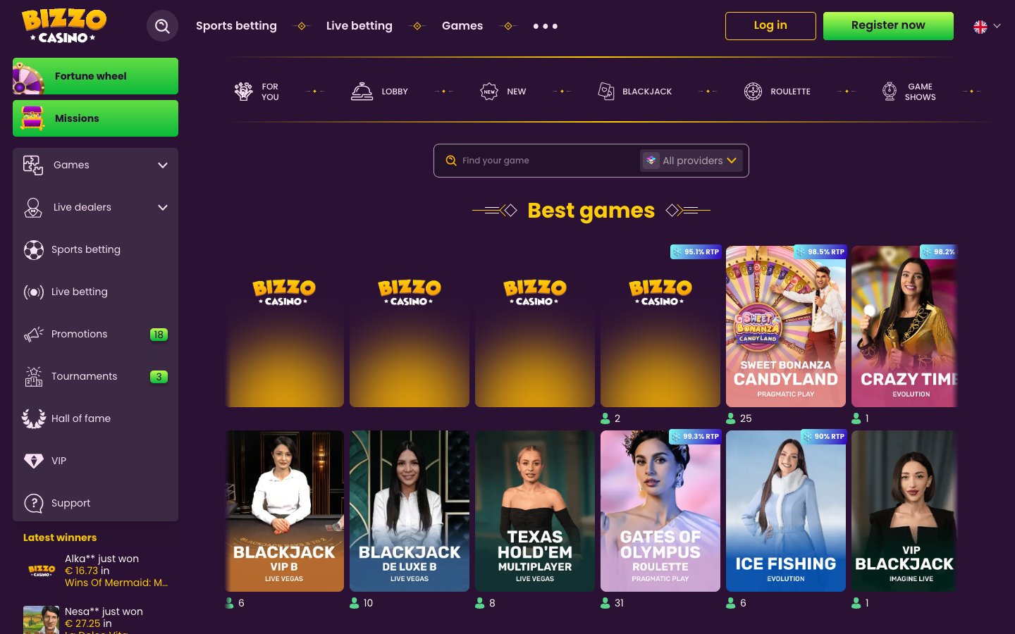 Bizzo Casino live casino lobby