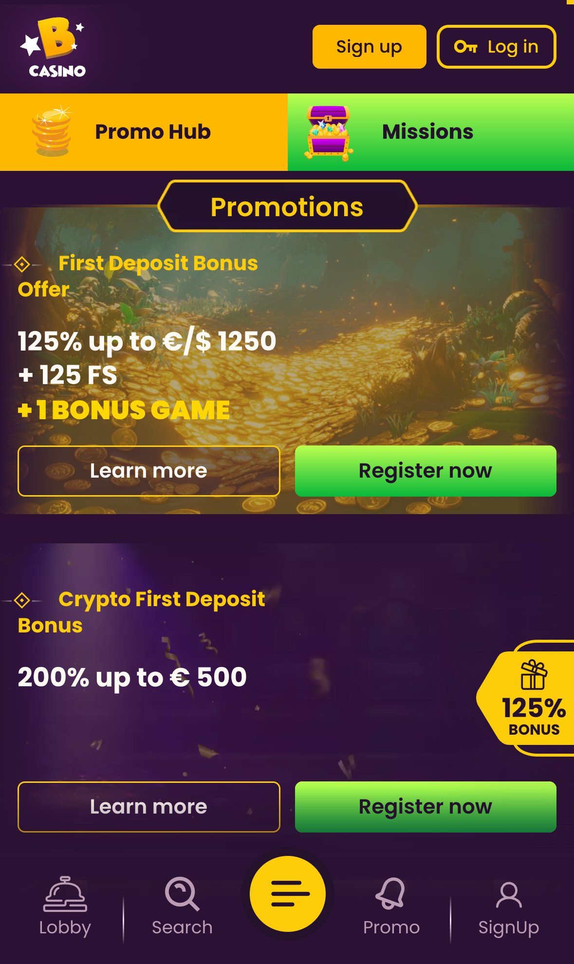 Bizzo Casino promotions page on mobile