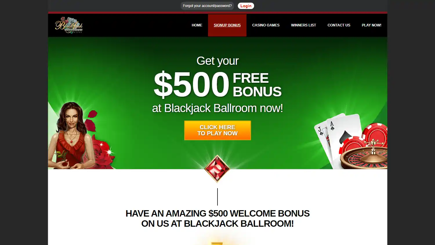 Blackjack Ballroom Casino welcome bonus page on desktop