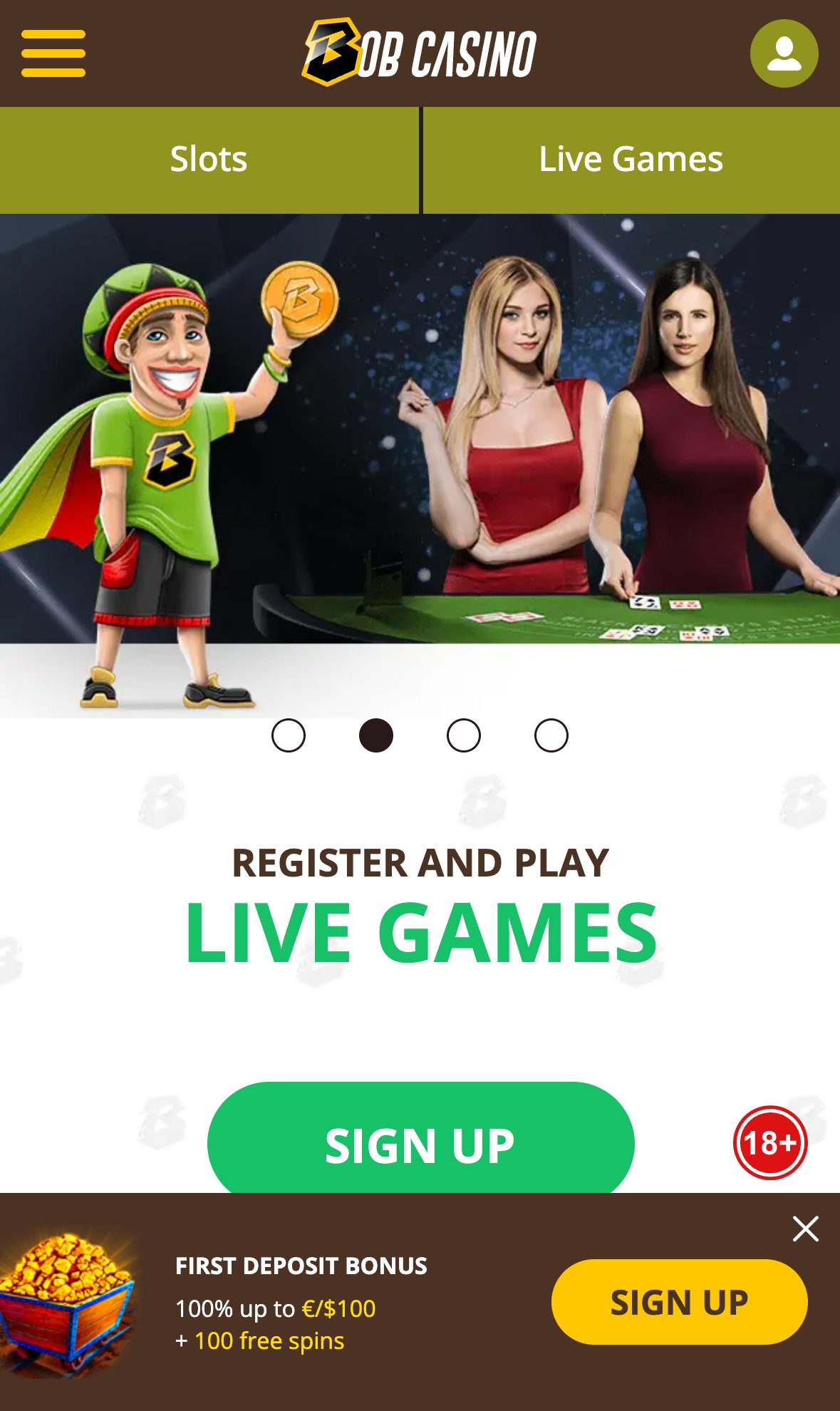 Bob Casino homepage on mobile