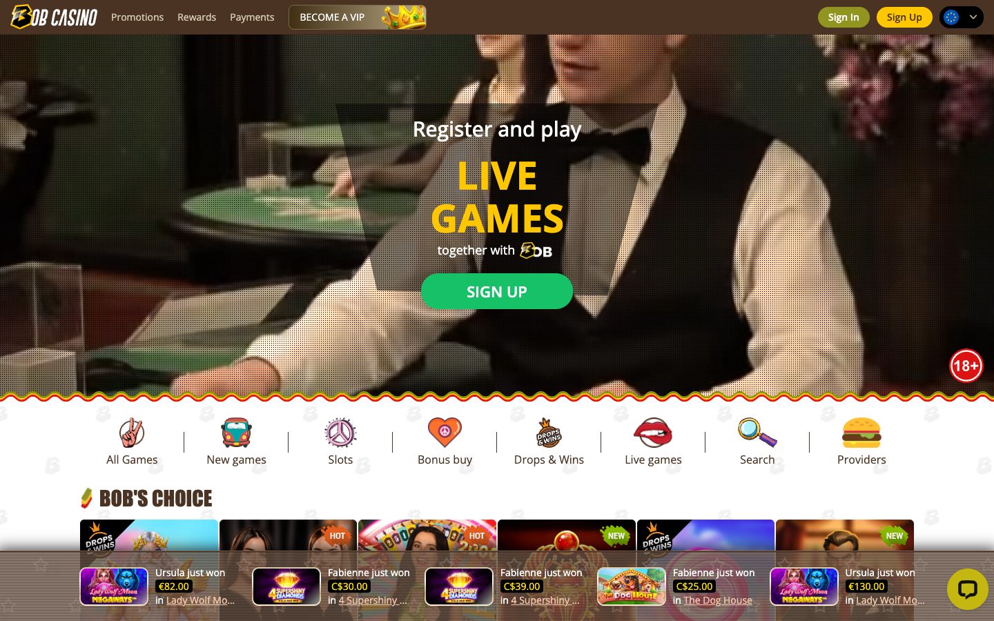 Bob Casino homepage on desktop