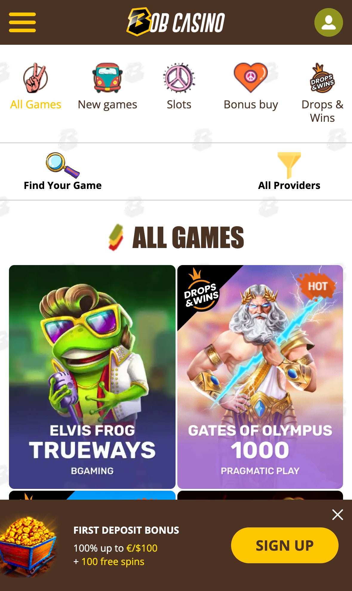 Bob Casino game lobby on mobile