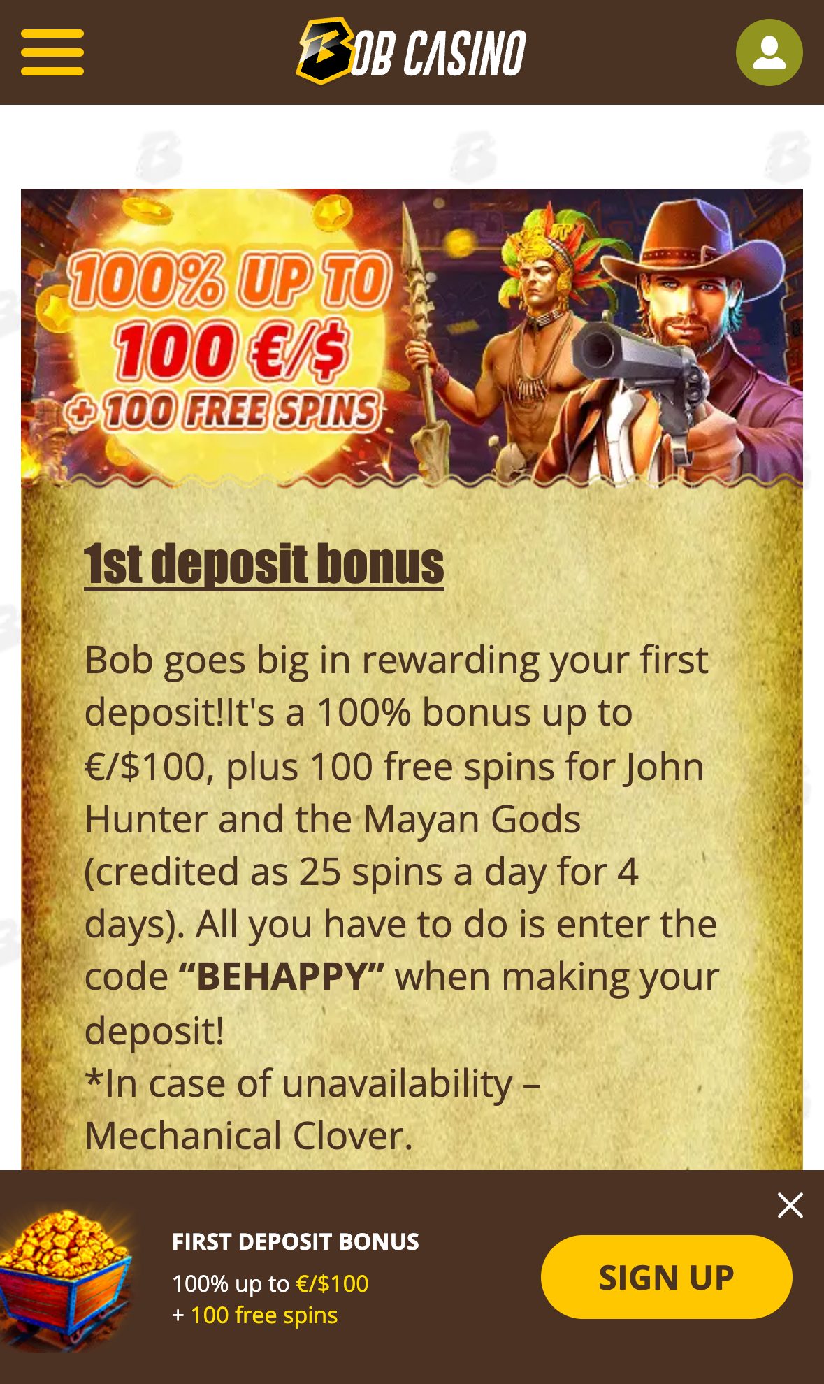 Bob Casino promotions page on mobile