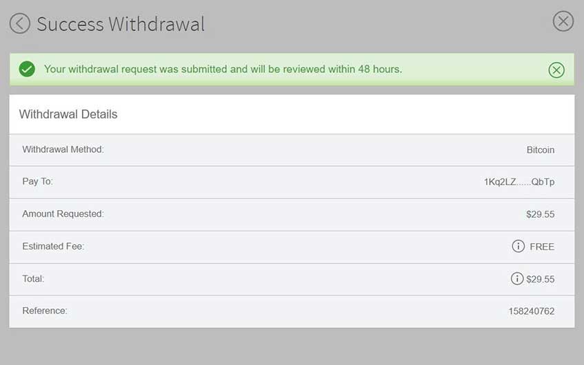 Bitcoin withdrawal confirmation from Bovada
