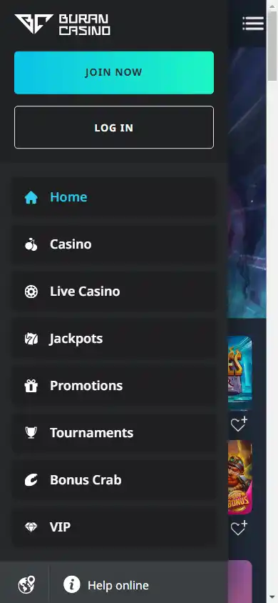 Buran Casino menu on mobile