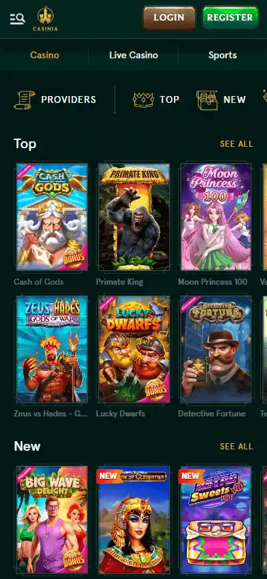 Casinia Casino games lobby on mobile
