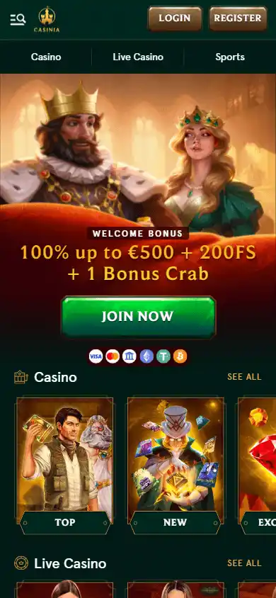Casinia Casino homepage on mobile