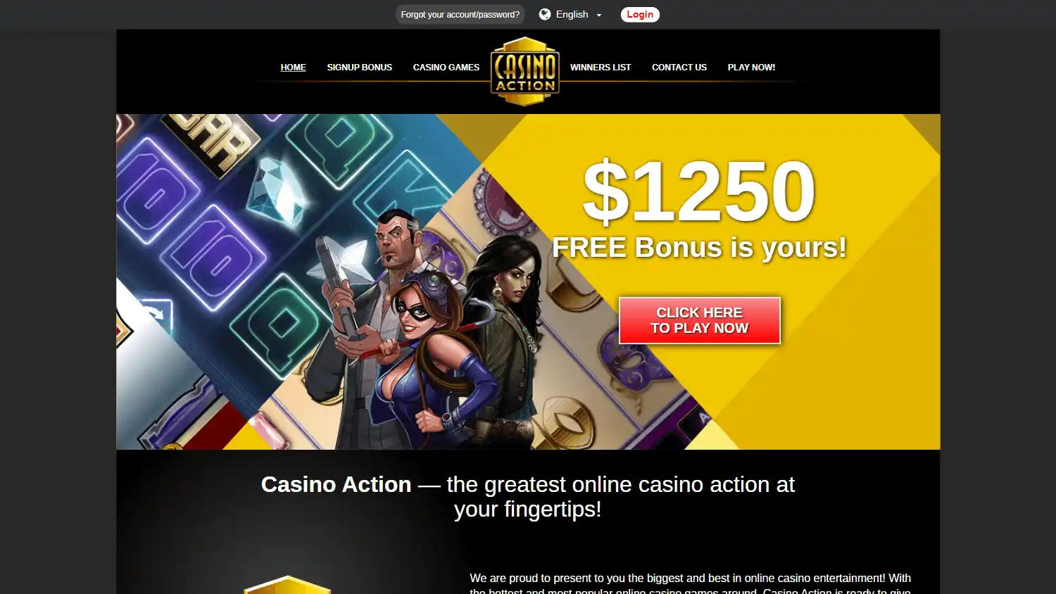 Casino Action homepage on desktop