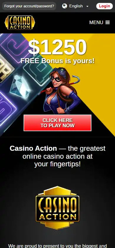 Casino Action homepage on mobile