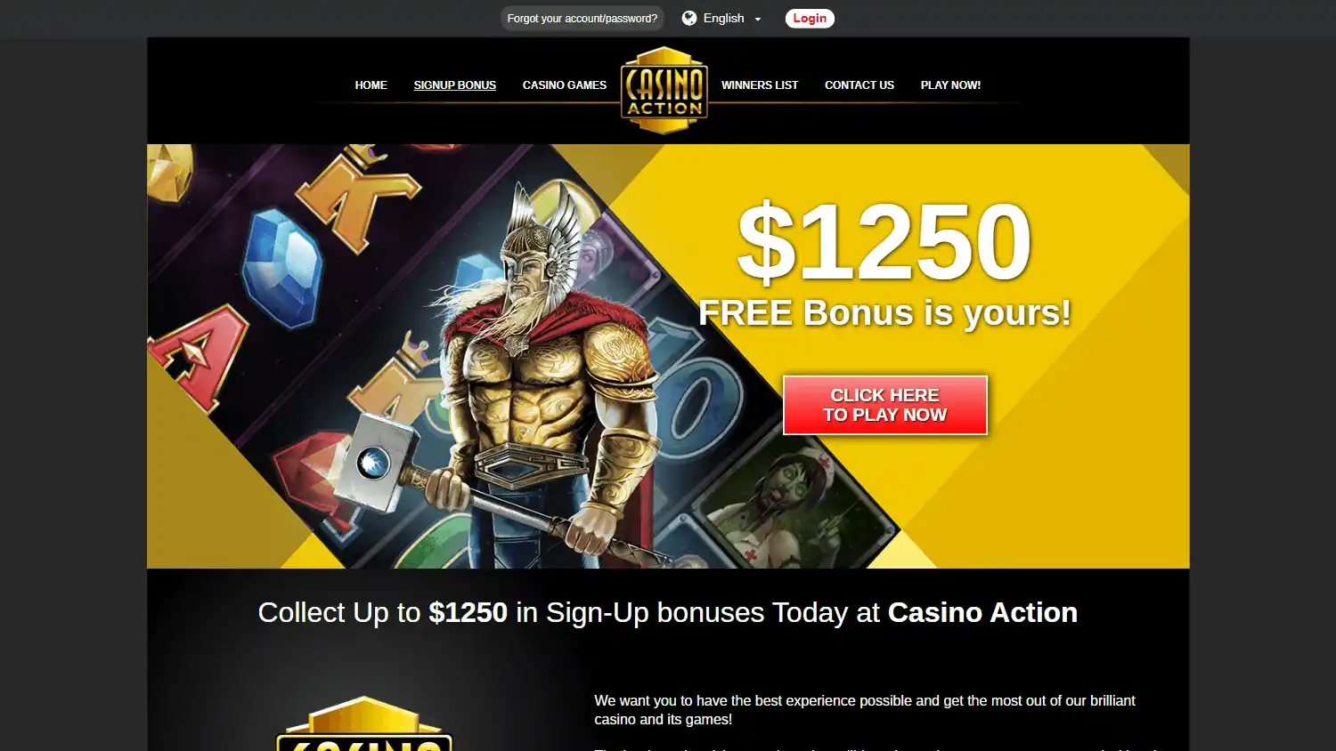Casino Action welcome bonus page