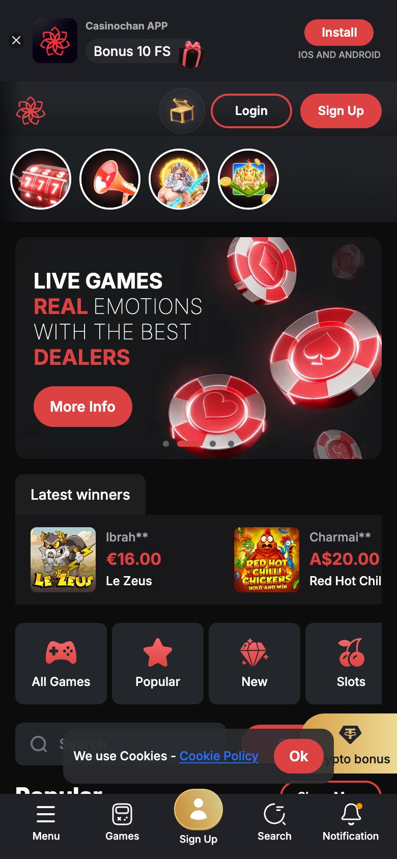 CasinoChan Casino homepage on mobile