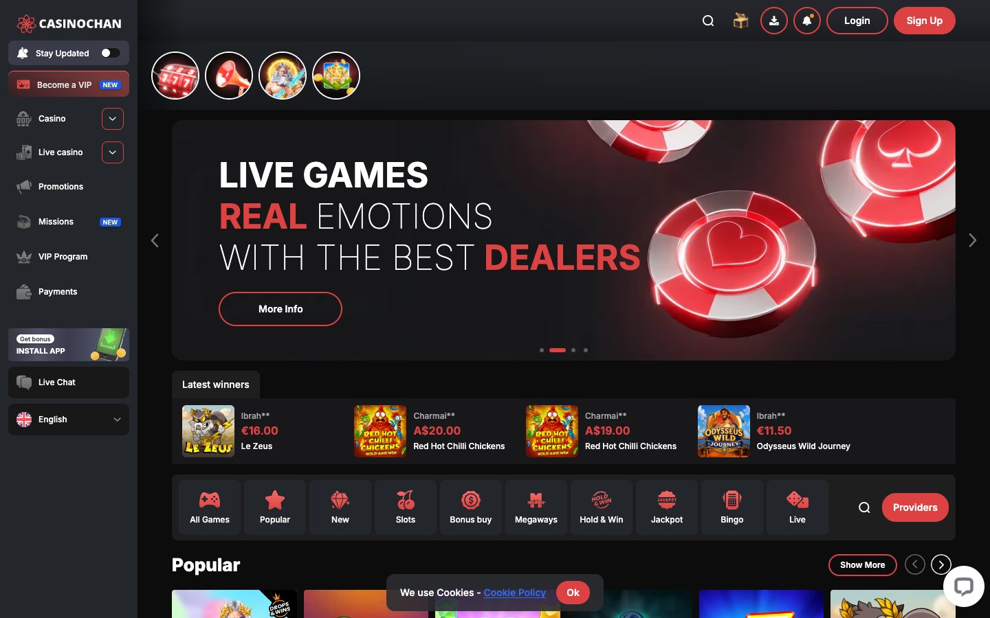 CasinoChan Casino homepage on desktop