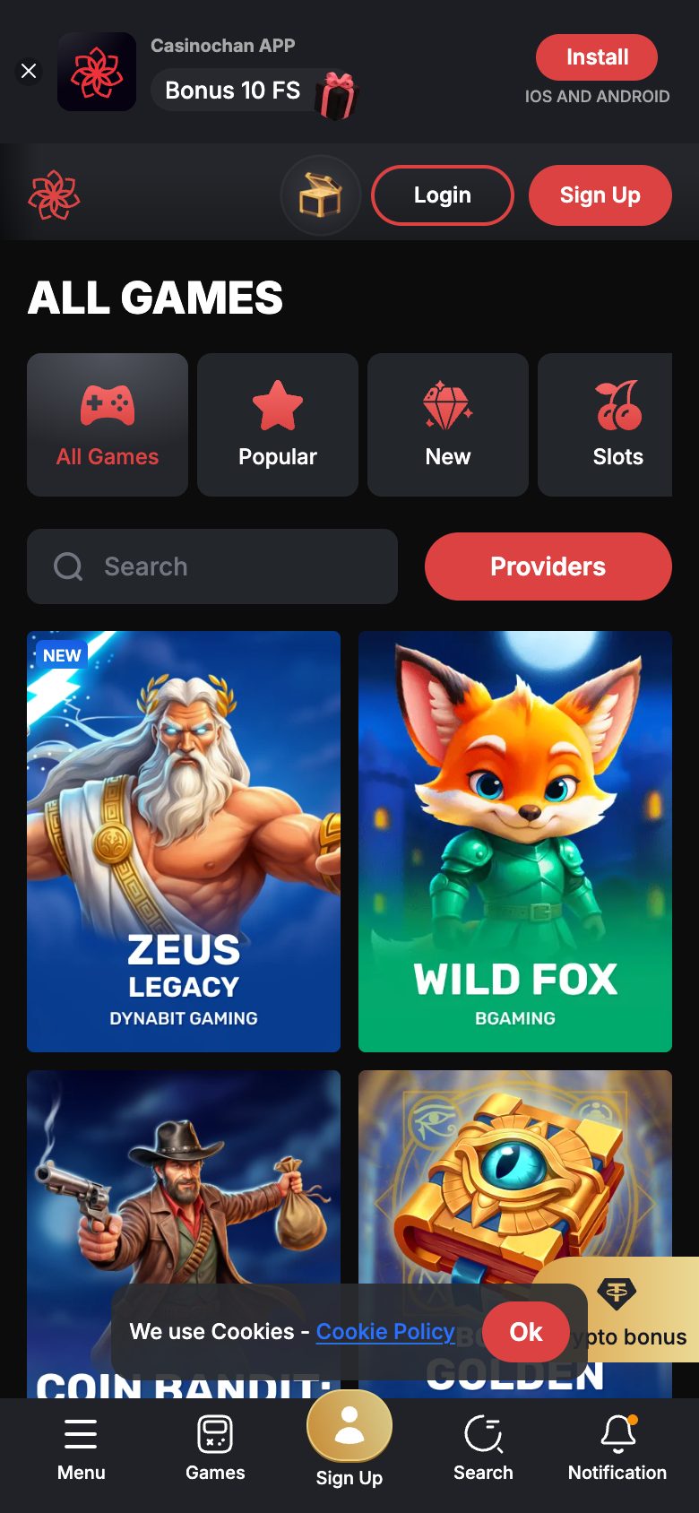 CasinoChan Casino game lobby on mobile