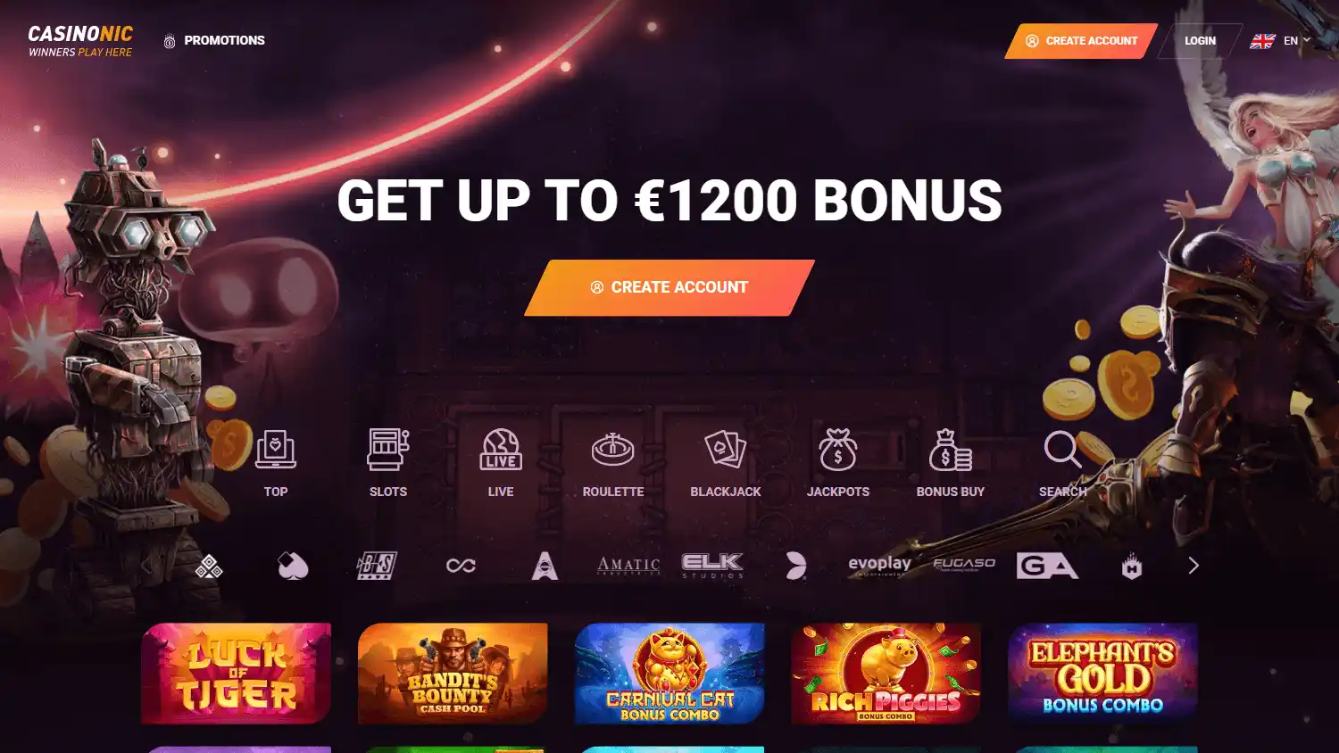 Casinonic homepage on desktop