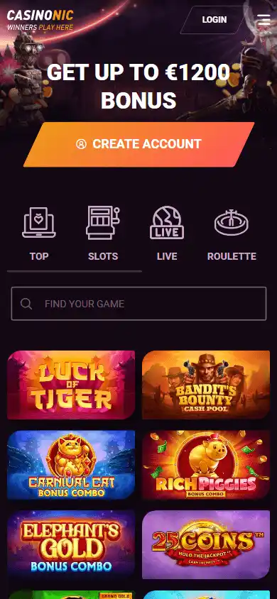 Casinonic homepage on mobile