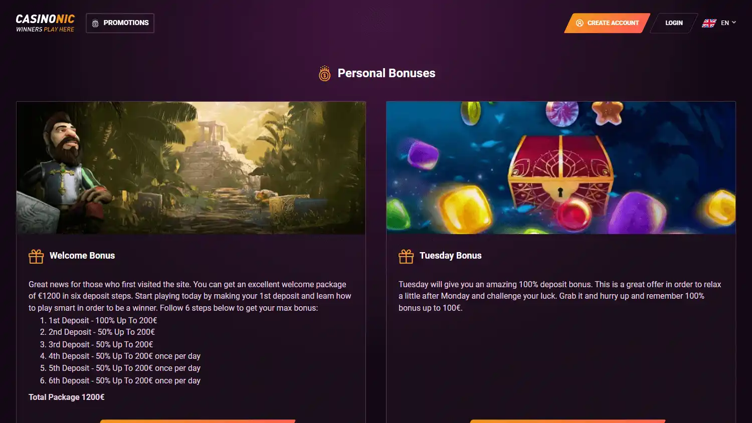 Casinonic promotions page on desktop