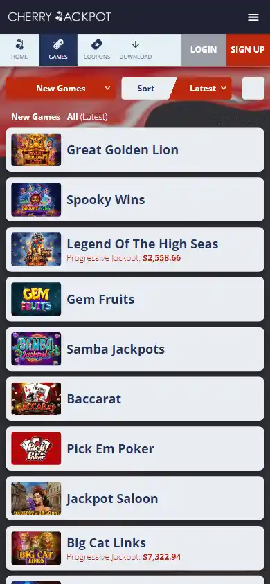 Cherry Jackpot Casino game lobby on mobile