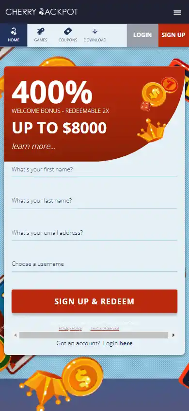 Cherry Jackpot Casino homepage on mobile